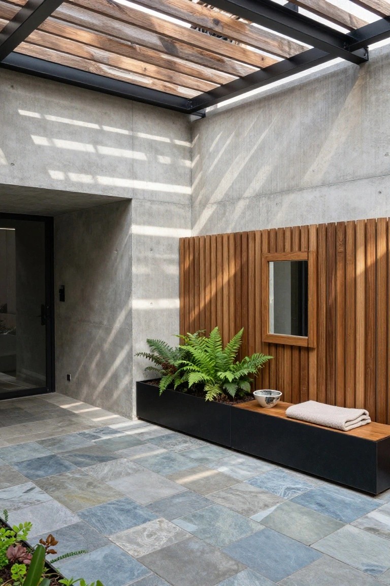 Outdoor entry courtyard featuring gray concrete walls, black metal entry door, vertical slatted wooden privacy screen with integrated mirror and small window, black planter box with ferns, wooden bench holding a folded towel and ceramic bowl, on blue-gray slate tile floor under wooden beam pergola.