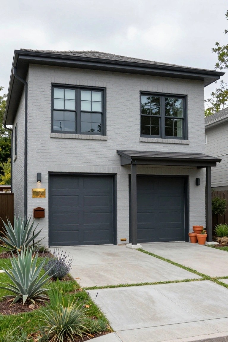 Modern two-story gray brick home with dark garage doors and landscaping.