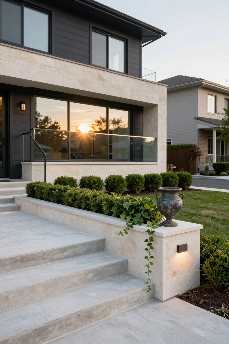Front exterior of a modern house with beige stone base and walls at entry level, black vertical siding on upper facade, wide concrete steps with boxwood hedges and a large urn planter, glass handrail, and sunset sky.