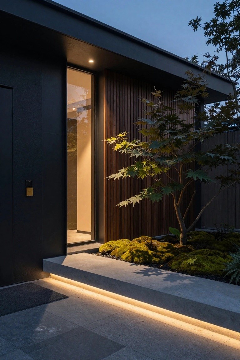 Modern house entrance at dusk with black matte cladding, vertical wooden slats framing a recessed glass door and slim window, Japanese maple tree, mossy ground cover, LED-lit concrete steps, and paved pathway.