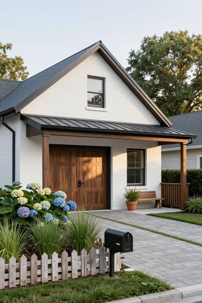 White brick house with dark metal gable roof, wooden double garage door under a covered porch supported by wood posts, hydrangea bushes, potted plant on bench, black mailbox, and weathered white picket fence along gray paver driveway.