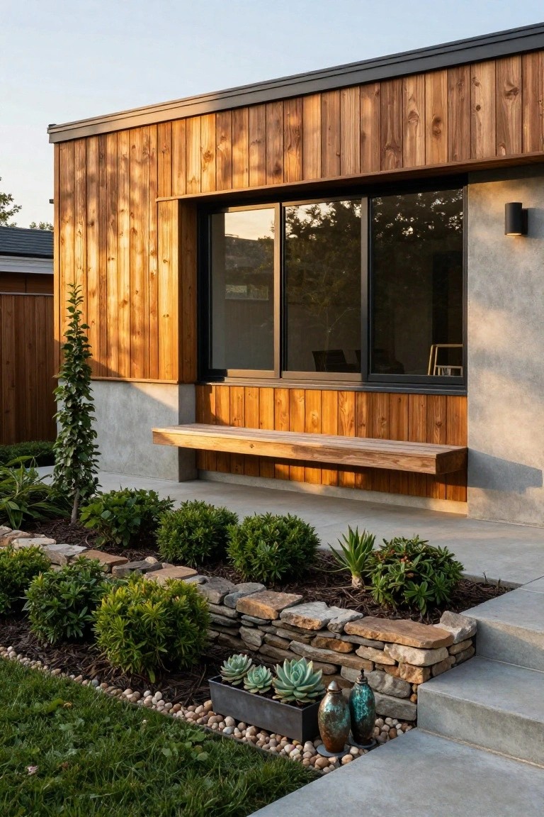 Modern house exterior featuring vertical wood cladding on a concrete base, large sliding glass window, integrated wooden bench, and entry steps with stone retaining wall, shrubs, succulents, and gravel edging.