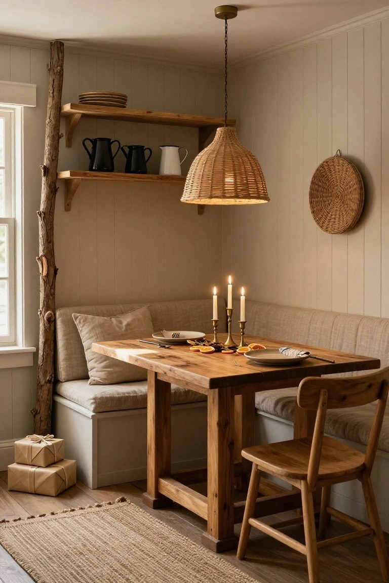 Cozy indoor dining nook with beige cushioned bench seating along the wall, wooden table set with plates and candles, wooden shelves with pottery, rattan pendant light, and wrapped gifts on the floor beside a jute rug.