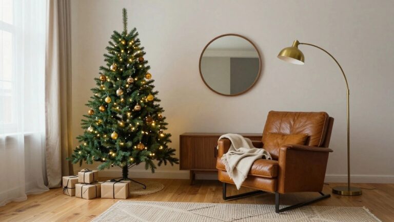A slim artificial Christmas tree decorated with gold and orange baubles and white lights stands in the corner of a living room with beige walls, sheer curtains, a gold arc lamp, tan leather chairs and sofa, wrapped gifts, and a woven rug on hardwood floors.