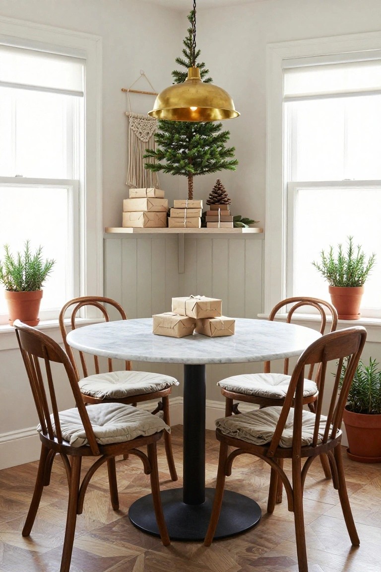 Corner view of a light-filled dining area with a small lit Christmas tree hanging from the ceiling above a round white marble table, four wooden chairs with beige cushions, shelves holding stacked wrapped gifts and pinecones, potted rosemary plants on windowsills, and a brass pendant lamp.