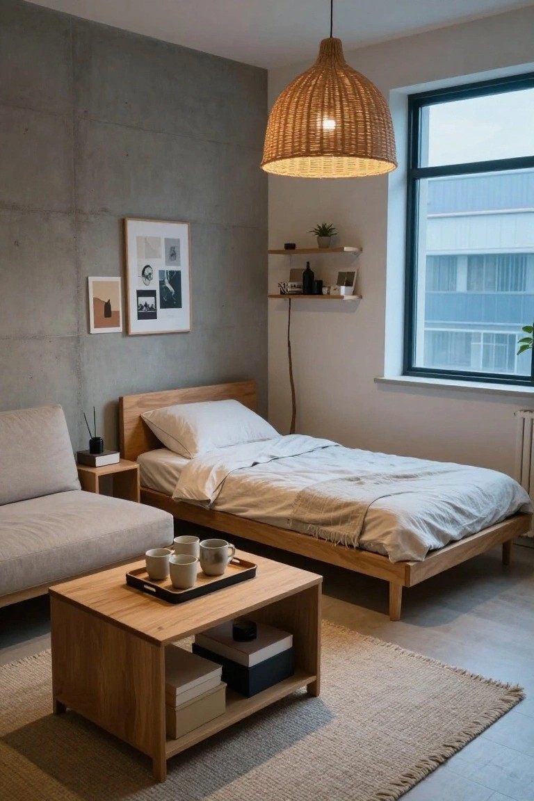 Modern minimalist bedroom with low oak platform bed, gray sofa, wooden coffee table holding teacups, exposed concrete accent wall, wall shelves with plants and decor, and large window overlooking buildings.
