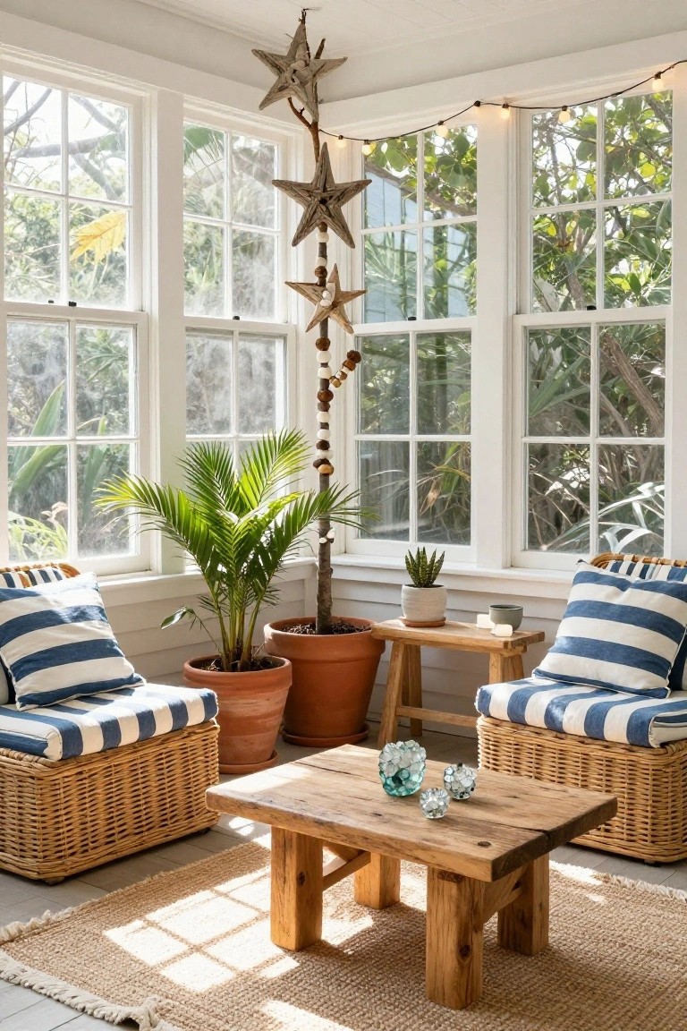 Sunlit interior of a sunroom with large multipane windows showing tropical greenery outside, two blue-and-white striped wicker armchairs facing a rustic wooden coffee table holding blue glass ornaments, potted palm tree and succulent, nautical driftwood starfish hanging from ceiling branch with string lights, and beige rug on floor.