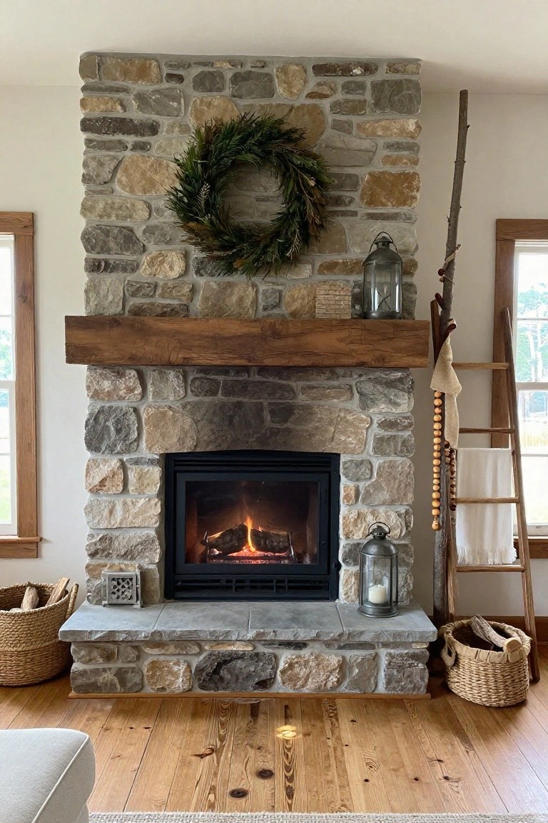 Rustic Stone Fireplace Backdrop