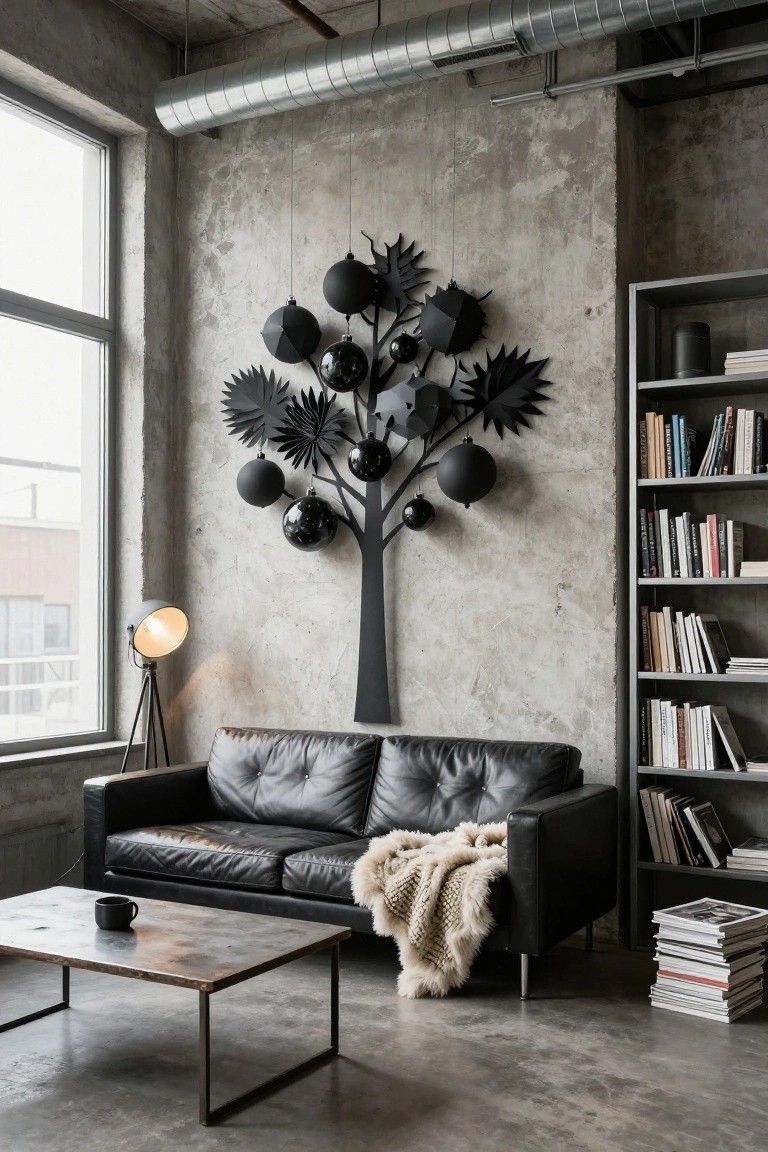 Industrial-style living room with textured concrete walls, black leather sofa with sheepskin throw, rustic metal coffee table holding a mug, tripod floor lamp, metal bookshelves filled with books, and a tall black wall-mounted Christmas tree sculpture made of spheres and leaf cutouts.