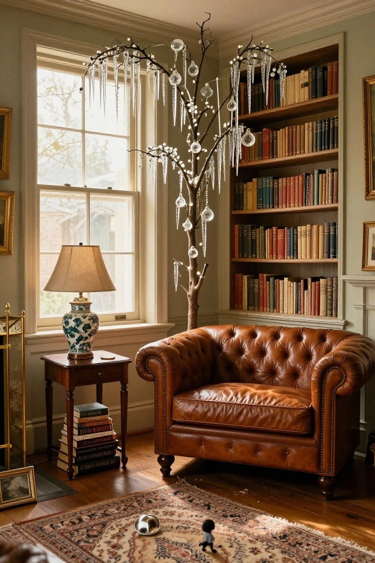 Cozy interior room with sage green walls, tall bookshelves filled with books, leather armchair, wooden side table stacked with books, porcelain lamp, and slim Christmas tree of branches hung with glass icicle and orb ornaments, on a patterned rug.