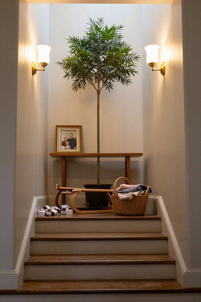 Tall slim potted plant in black pot on wood console table in narrow indoor stairwell, with wall lamps, gold-framed family photo, wooden sleigh and gift boxes on stairs, and wicker basket holding blankets.