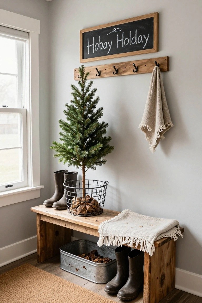 Slim potted Christmas tree next to wooden bench with boots in metal tub and on floor in light gray entryway with wall hooks towel and chalkboard sign.