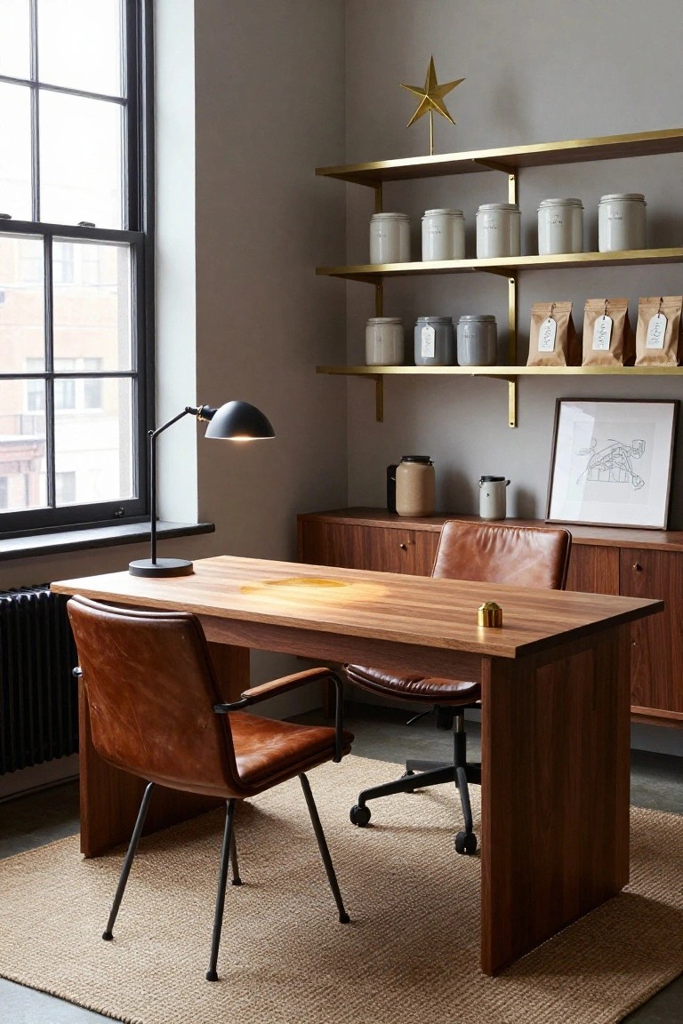A modern home office with a wooden desk, two leather chairs, brass wall shelves holding white jars, paper bags, and a tall gold star ornament, plus a desk lamp and window view.