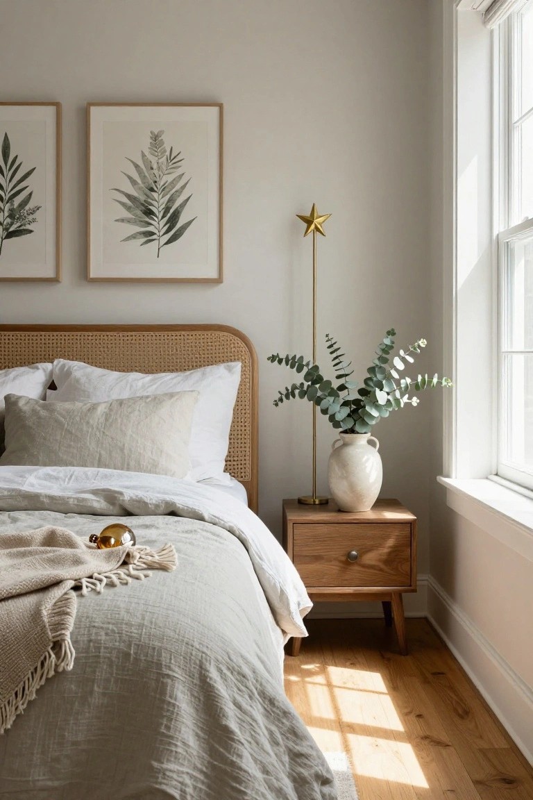 Bedroom with rattan headboard bed draped in white and beige linens with gold ornaments, wooden nightstand with white vase of eucalyptus branches, tall gold star on slender stand by window, two framed leaf prints on wall, hardwood floors, natural light.