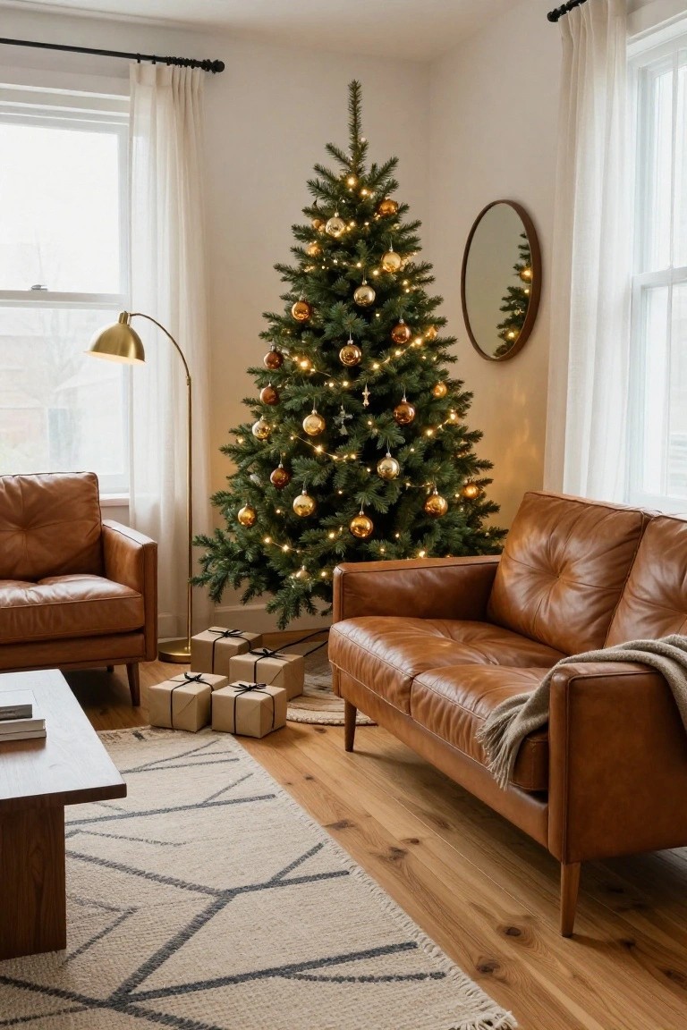 A slim artificial Christmas tree decorated with gold and orange baubles and white lights stands in the corner of a living room with beige walls, sheer curtains, a gold arc lamp, tan leather chairs and sofa, wrapped gifts, and a woven rug on hardwood floors.