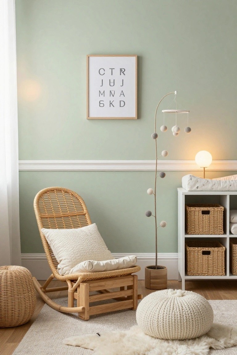 Pale green nursery room with wicker rocking chair, white changing table with woven baskets, tall floor-standing mobile with wool pom poms, white pouf, and sheepskin rug on wood floor.