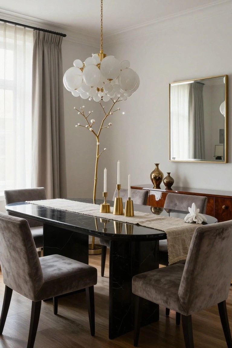 Modern dining room featuring a black marble table with gray velvet chairs, gold tree-shaped floor lamp with white globes and candles, bubble chandelier, and sideboard with vases.