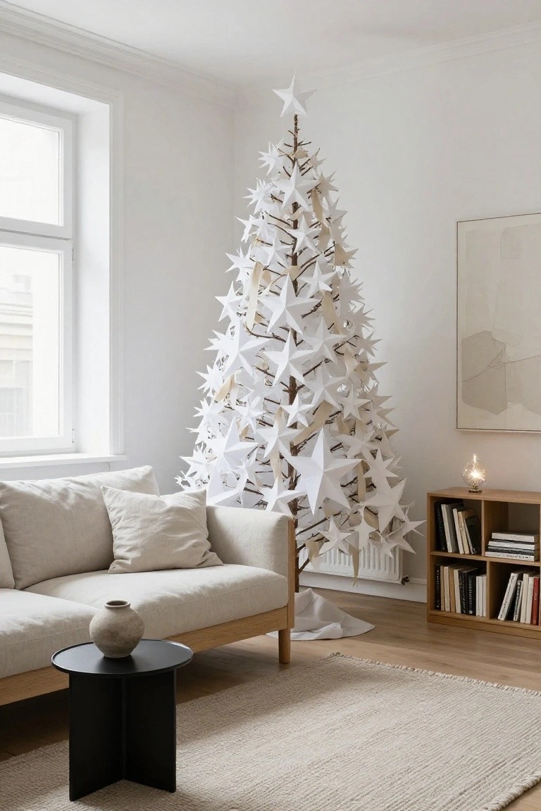 A tall slim Christmas tree made of white paper stars on natural branches in a white-walled living room with beige sofa, black side table holding a ceramic vase, wooden bookshelves, and beige rug.