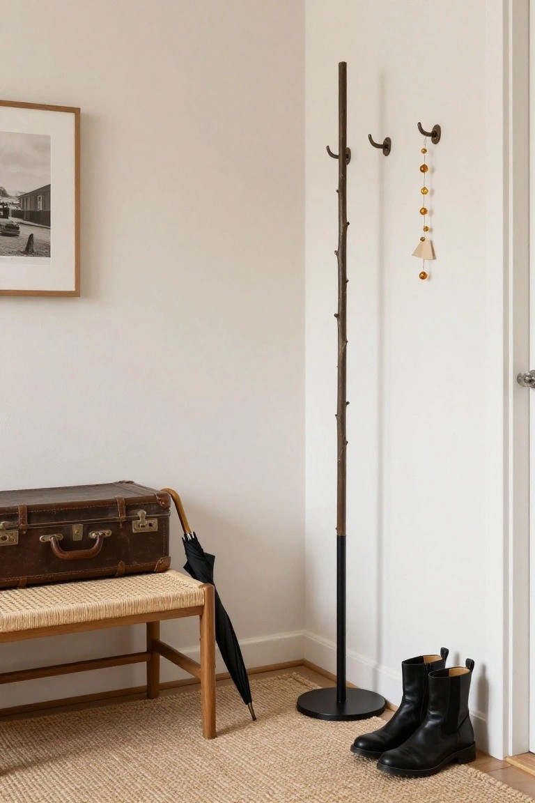 White interior corner with tall slender wooden branch coat rack, vintage brown suitcase and black umbrella leaning against rattan bench, pair of black leather boots on seagrass rug, black-and-white framed photo on wall.