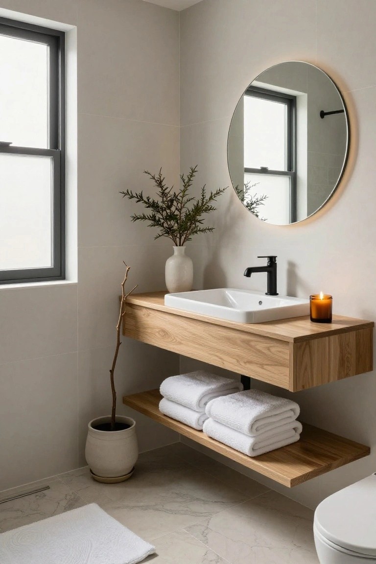 Modern bathroom corner with floating oak wood vanity and white sink, black faucet, round backlit mirror, vase of branches on vanity, tall potted plant on floor, stacked white towels on open shelf below vanity, glass candle, marble-look floor tiles, white toilet, and frosted window.