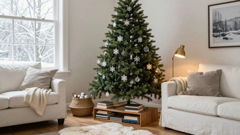 A corner of a living room with a decorated real Christmas tree covered in white snowflake ornaments, glass baubles, and warm string lights, next to a beige sofa, stacked books, a wicker basket of ornaments, and sheepskin rug.