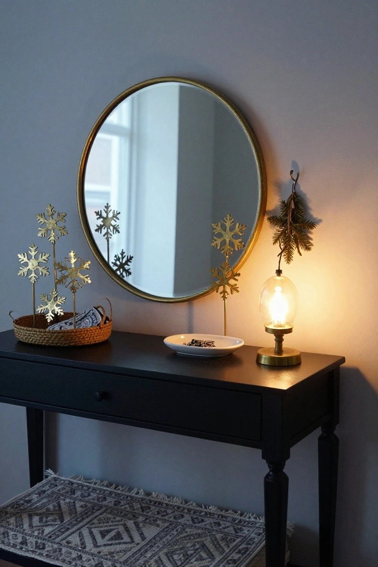 Black console table topped with woven basket containing gold snowflake ornaments on sticks, small white dish, and brass egg-shaped lamp next to gold round mirror on gray wall, fir sprig hanging above and woven stool below.