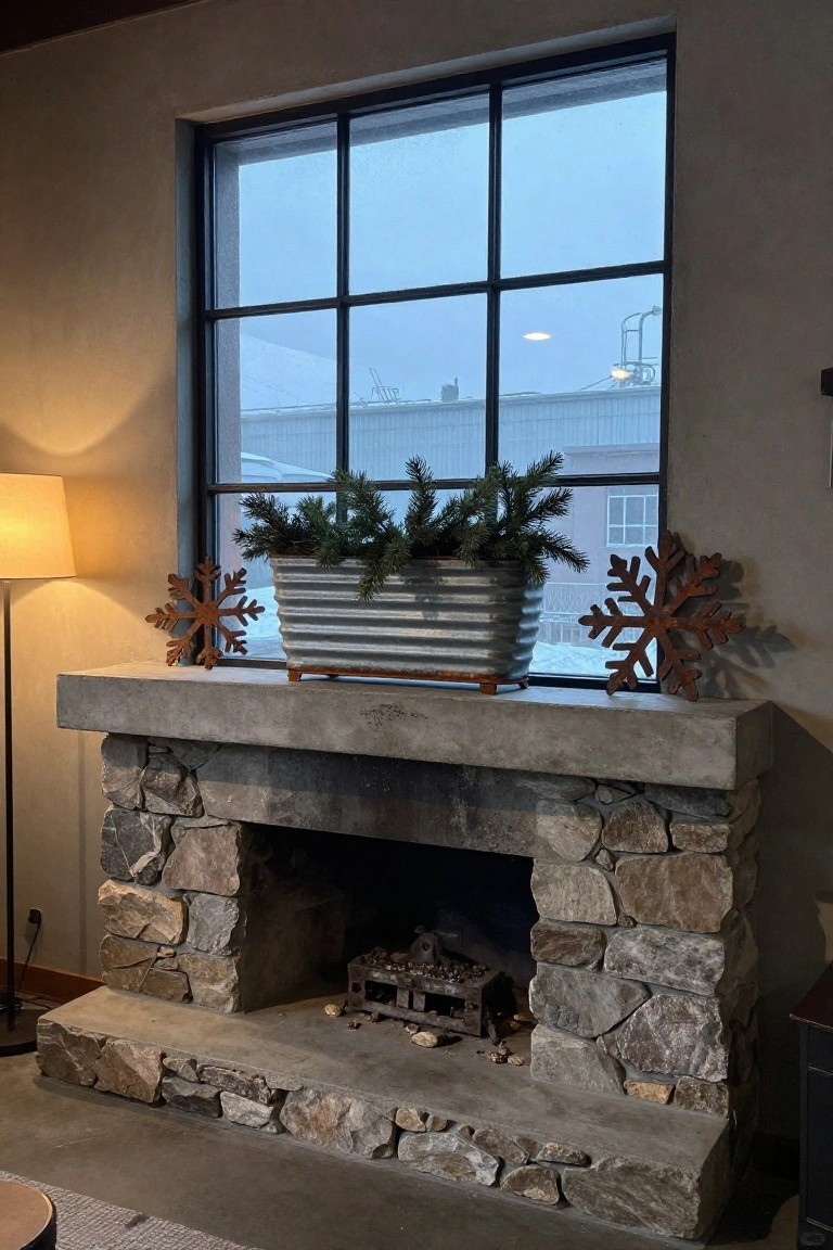 Concrete mantel over stone fireplace with galvanized planter of evergreen branches flanked by two large rusty metal snowflake decorations, lamp nearby, and window showing snowy exterior.