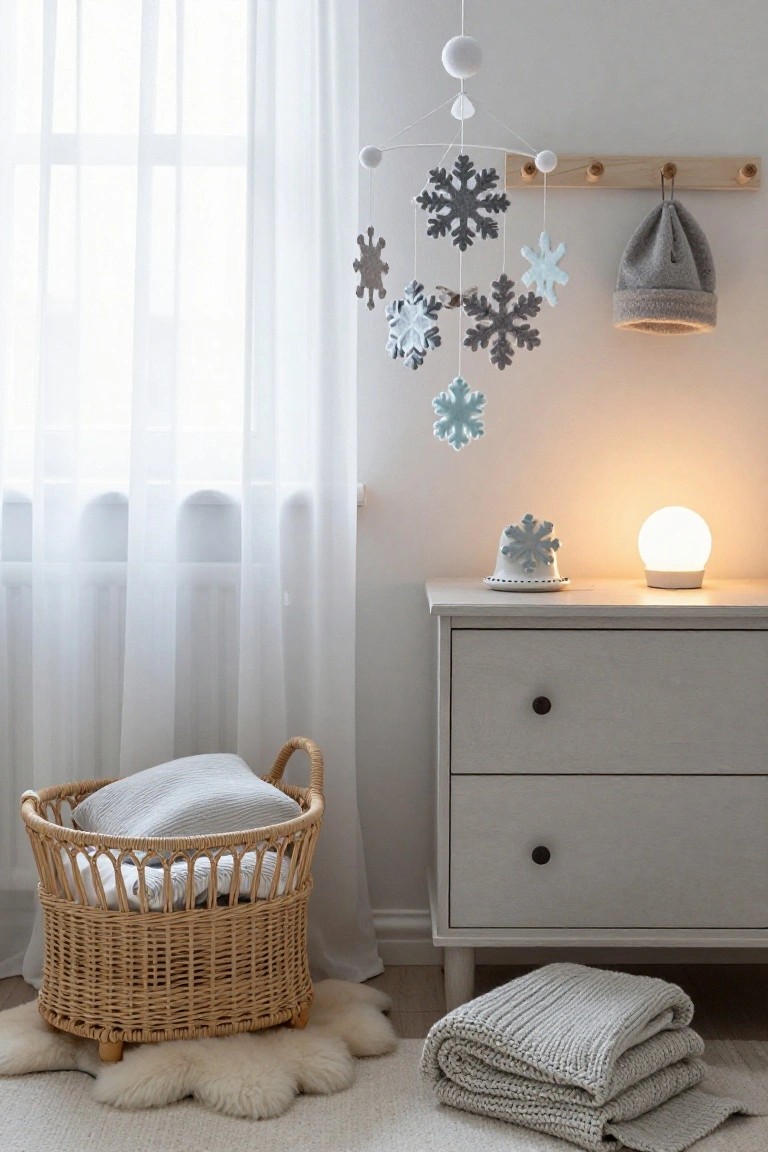 Light-filled nursery interior with a hanging snowflake mobile, wooden dresser topped with a snowflake ornament and white globe lamp, wicker basket holding gray linens, sheepskin rug on floor, and stacked gray knit blankets nearby.