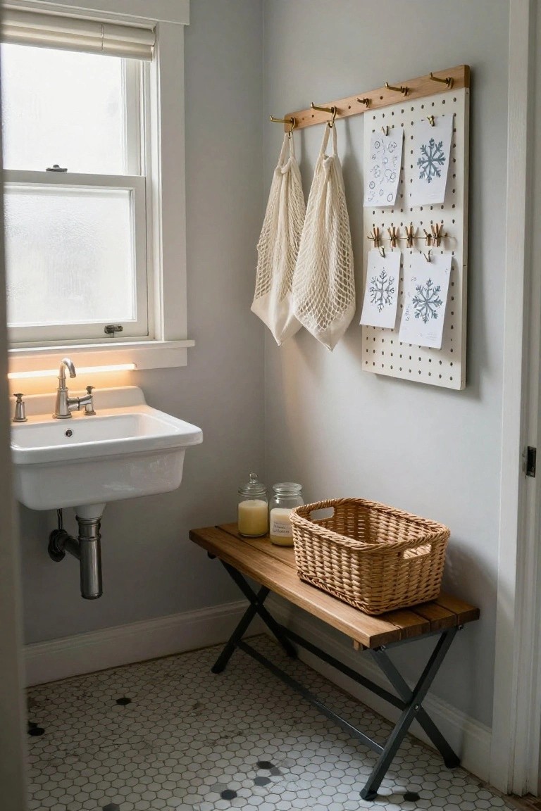 Small bathroom with white pedestal sink under window, wooden bench holding wicker basket and candles, and white pegboard wall with hooks for mesh bags and clips holding snowflake prints.