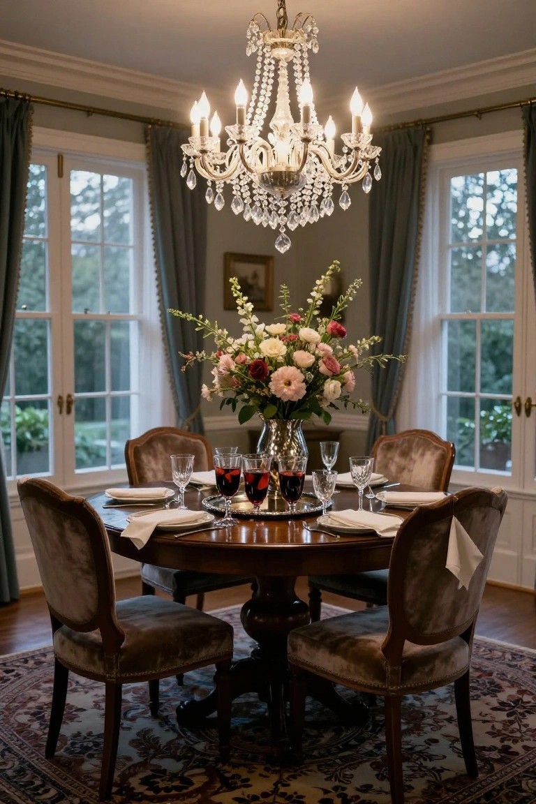 Formal interior dining room with round wooden table set for four with white plates, red wine in glasses, silver tray, and tall mixed flower arrangement in silver vase under crystal chandelier, four velvet-upholstered armchairs, blue drapes on three large windows, and patterned rug on wood floor.