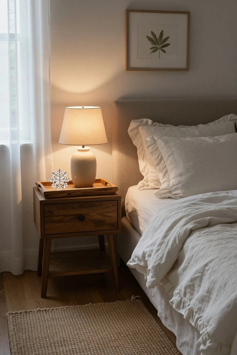 Bedside wooden nightstand with a tray holding a crystal snowflake ornament next to a beige ceramic lamp, beside a white bed in a light-colored bedroom with sheer curtains and a framed leaf print on the wall.