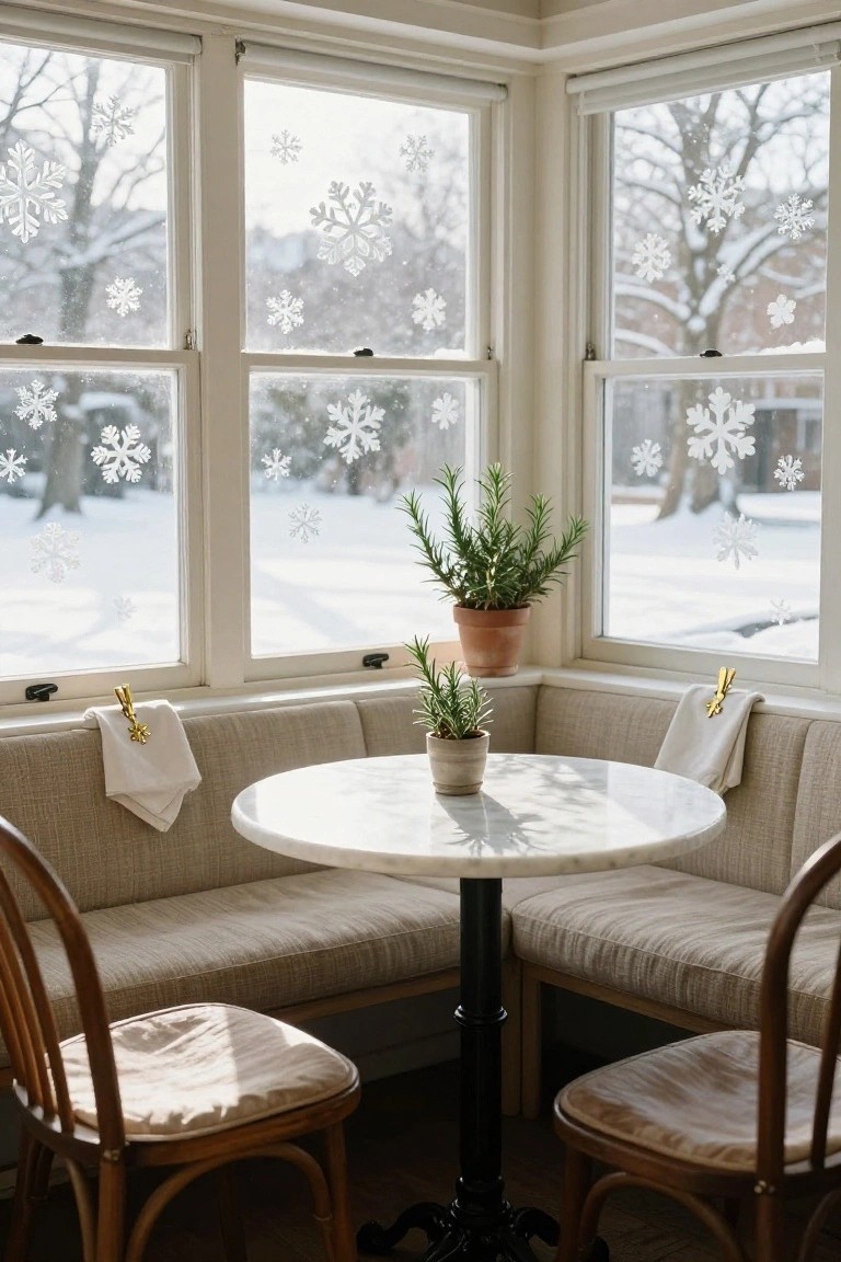 Beige banquette seating with wooden chairs around a round white marble table in a bay window room, featuring white snowflake decals on the windows, potted rosemary plants, and white napkins with gold clips on the benches.