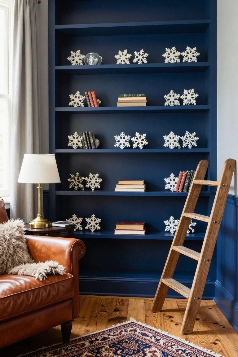 Snowflake Displays on Bookshelves