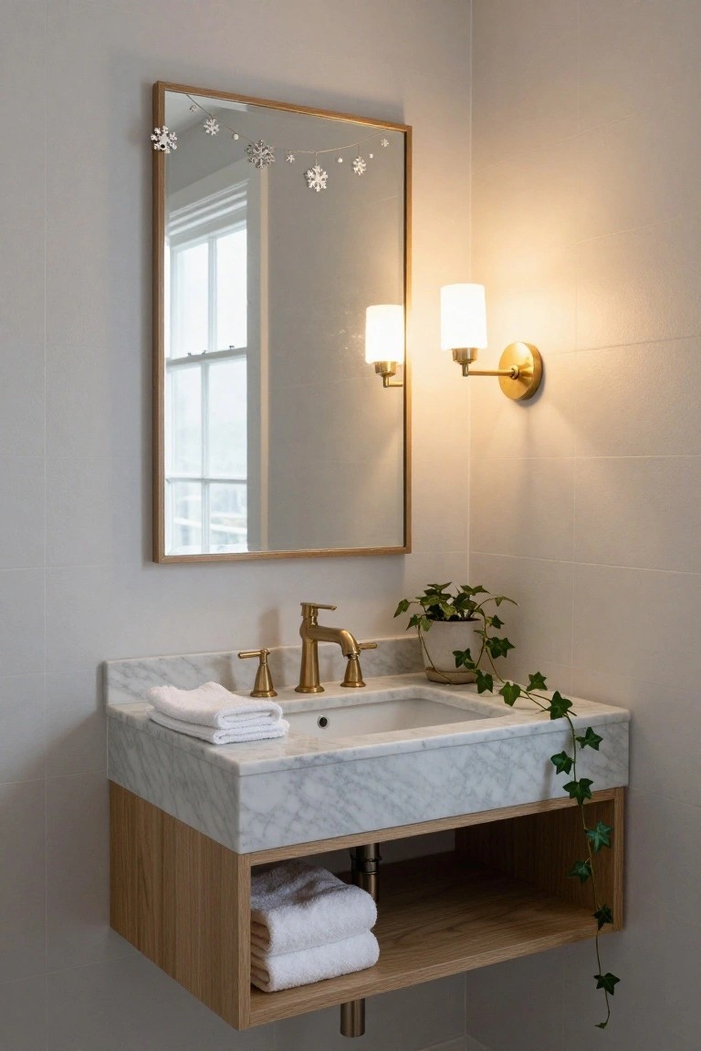Modern corner bathroom with floating oak vanity topped in white marble, gold faucet and sconces, wooden-framed mirror edged with snowflake garland, folded towels below, and potted ivy trailing over the edge.