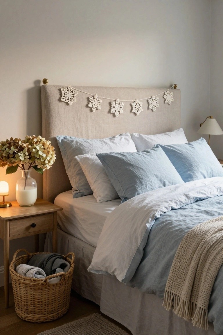 Bedroom corner showing beige upholstered headboard with white crocheted snowflake garland draped across the top, light blue linen bedding and pillows, wooden nightstand with lamp, milk-filled glass vase of dried hydrangeas, and wicker basket holding folded clothes.
