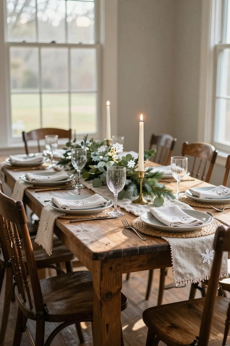 Long wooden dining table in a light-colored room set for a meal with white linen napkins and runner embroidered with snowflakes, green eucalyptus and pine centerpiece with brass pinecone holder and white candles, neutral plates on rattan chargers, wooden chairs, large windows showing fields outside.