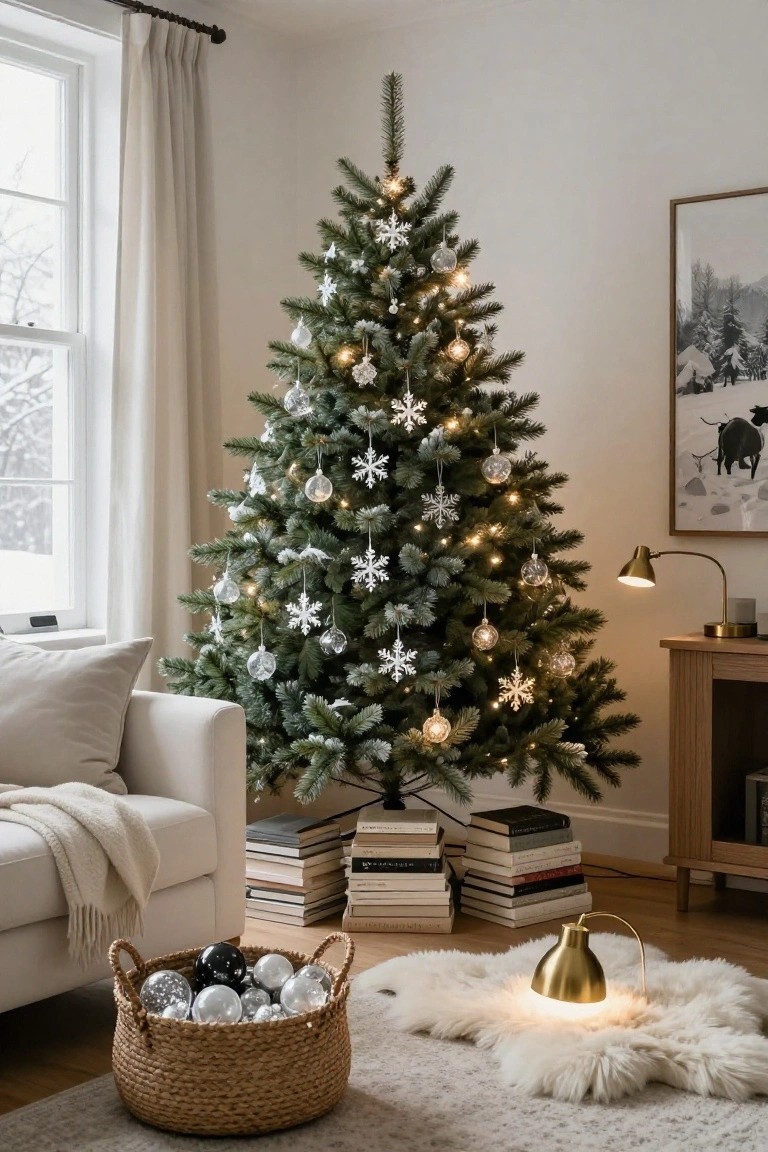A corner of a living room with a decorated real Christmas tree covered in white snowflake ornaments, glass baubles, and warm string lights, next to a beige sofa, stacked books, a wicker basket of ornaments, and sheepskin rug.