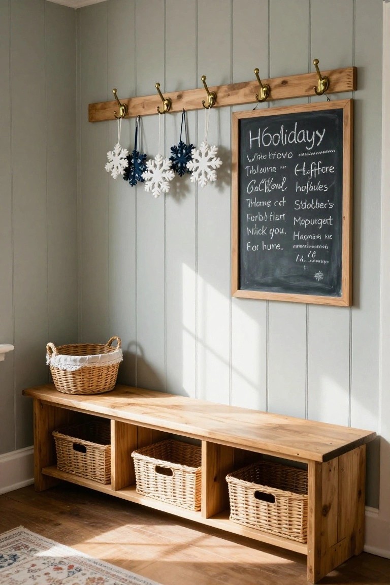 Light gray paneled entryway corner with wooden bench holding woven baskets, brass hooks on a wood board above displaying white and blue snowflake ornaments, and a framed chalkboard with holiday writing.