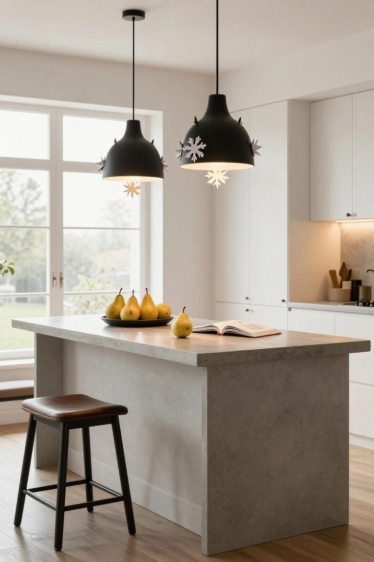 Modern white kitchen interior with gray island countertop holding yellow pears on a plate and an open book, two black pendant lights with snowflake attachments hanging above, wooden stool nearby, and window overlooking trees.