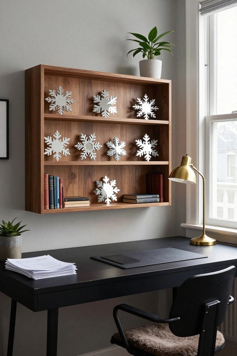 Wooden wall-mounted shelving unit displaying various silver snowflake ornaments and books on shelves, positioned above a black desk with chair, lamp, and plants in a light gray room.