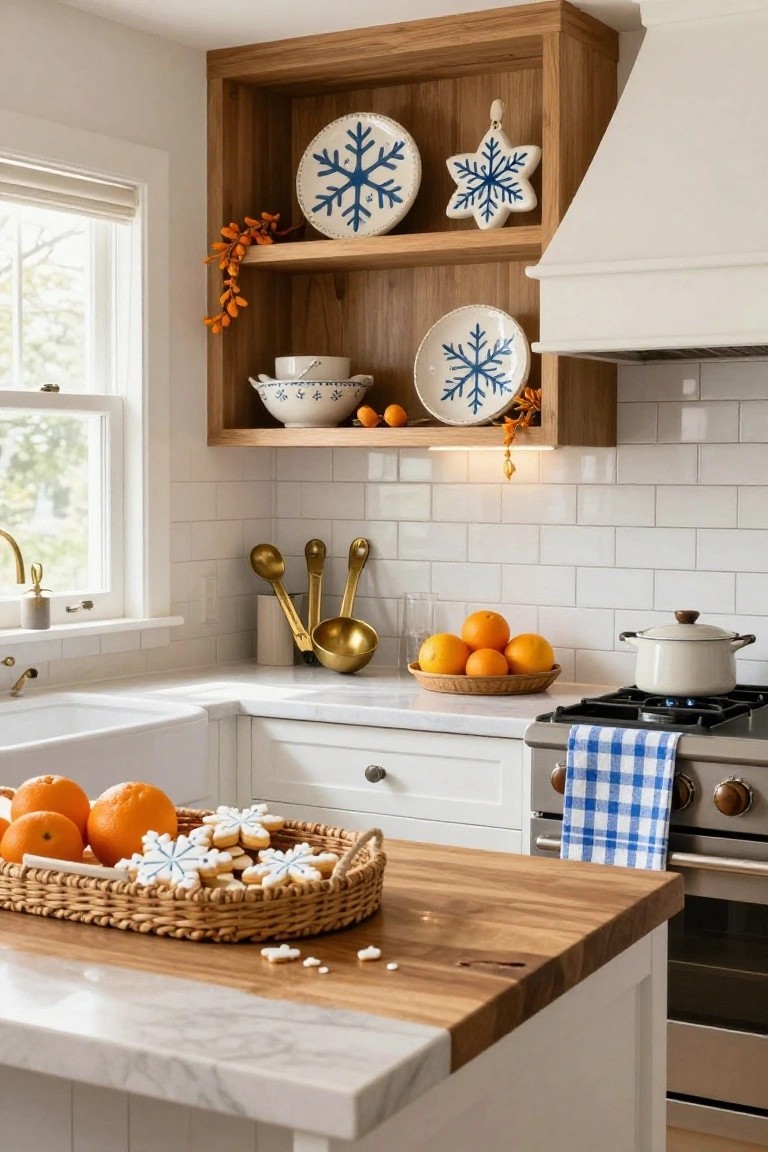 Kitchen interior with wooden open shelves displaying blue snowflake plates, a white bowl with oranges, and a blue snowflake ornament, alongside a countertop basket of oranges and snowflake cookies near a white stove.