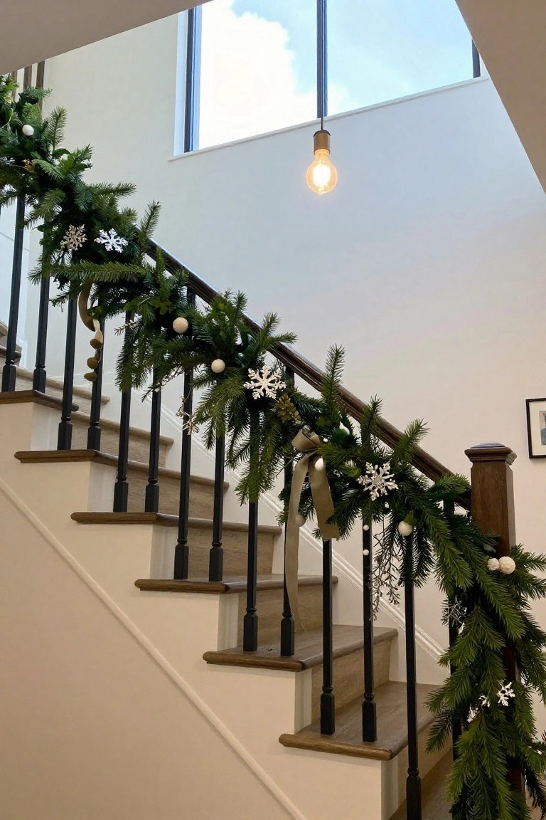 Wooden staircase with black metal railings wrapped in green pine garland decorated with white snowflake ornaments, round white beads, gold ribbons, and pinecones under a skylight.