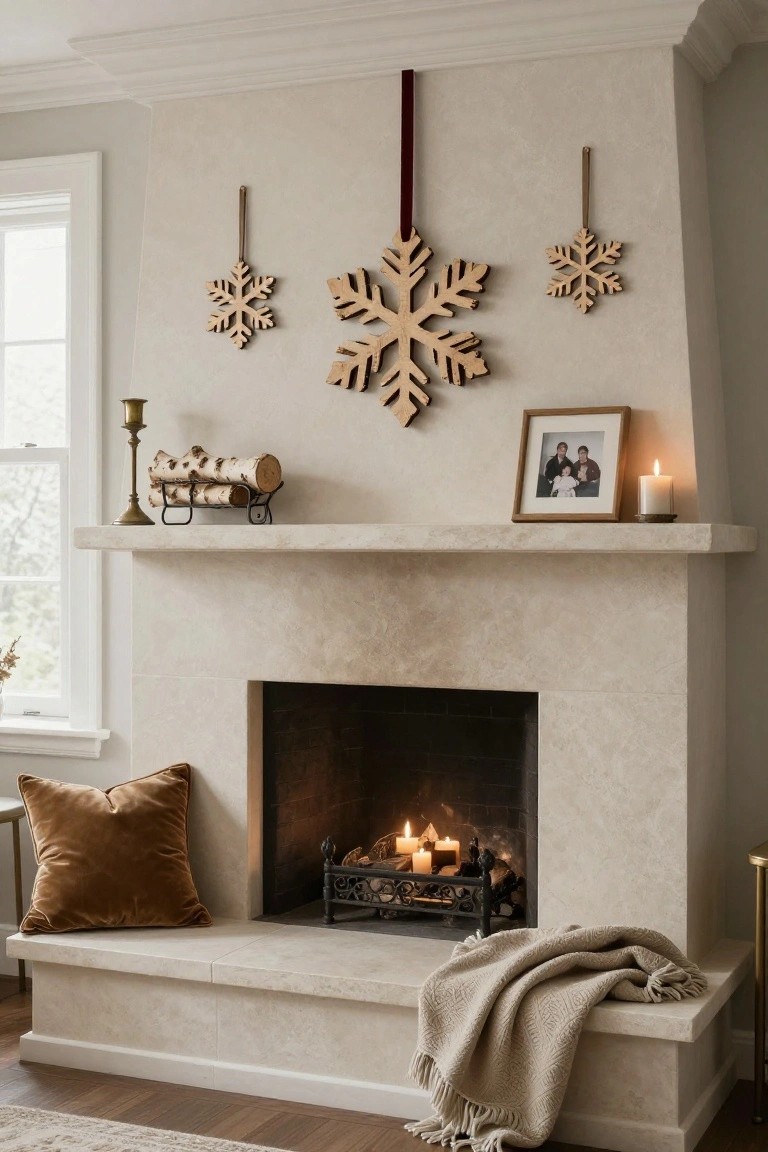 A light beige stone fireplace in a neutral room with wooden snowflake ornaments hanging on the wall above the mantel, which holds a birch log rack, candles, and a family photo, plus a velvet pillow and throw on the hearth with a fire burning inside.