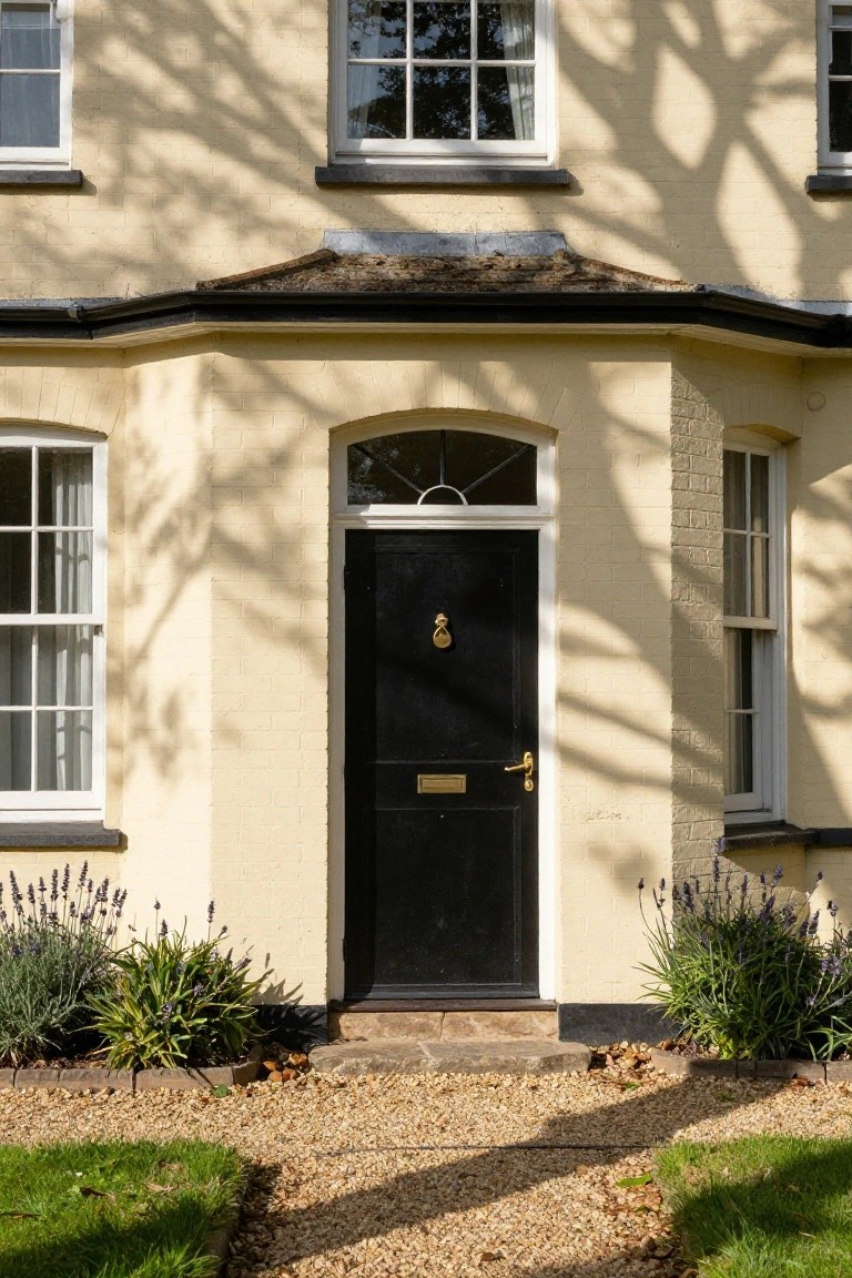 Cream-colored stucco house exterior featuring a black front door with brass knocker under an arched fanlight window, white-framed sash windows, lavender plants in beds, and a gravel path.