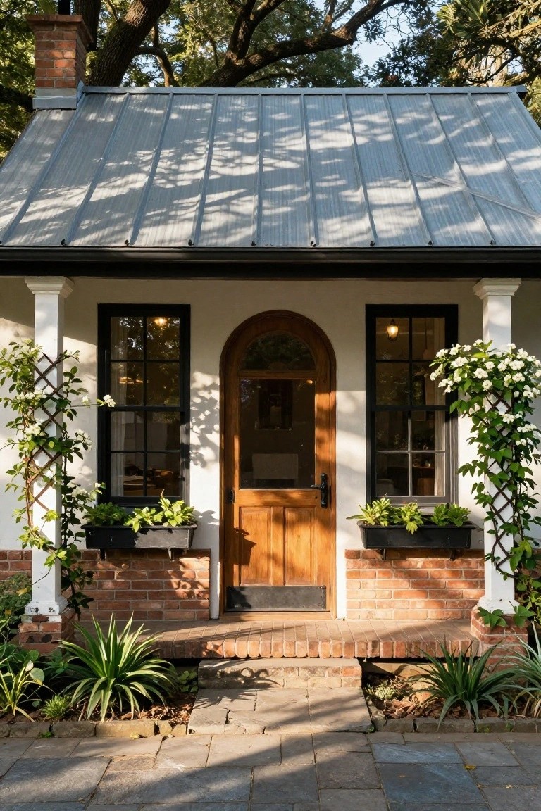 Front facade of a small white cottage with standing-seam metal roof, symmetrical white columns on brick stoop, arched wooden entry door, black-trimmed multipane windows, climbing white flowers on trellises, potted plants, and brick chimney under oak trees.