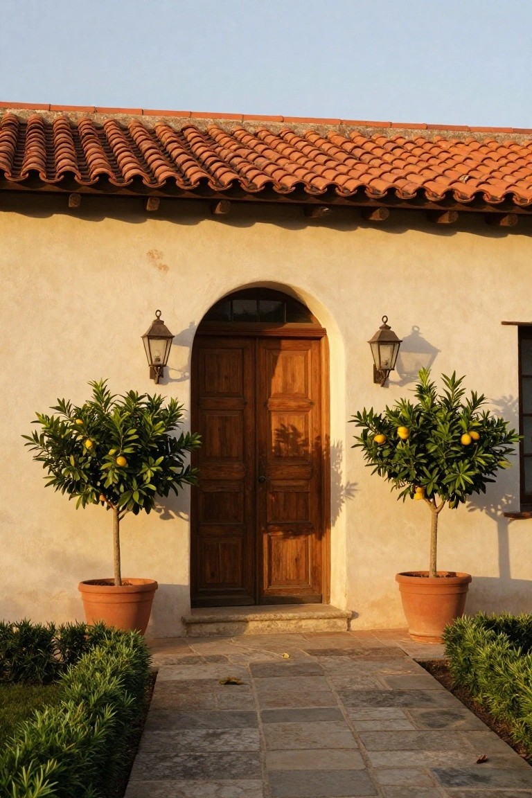 Entry Flanked by Potted Lemon Trees