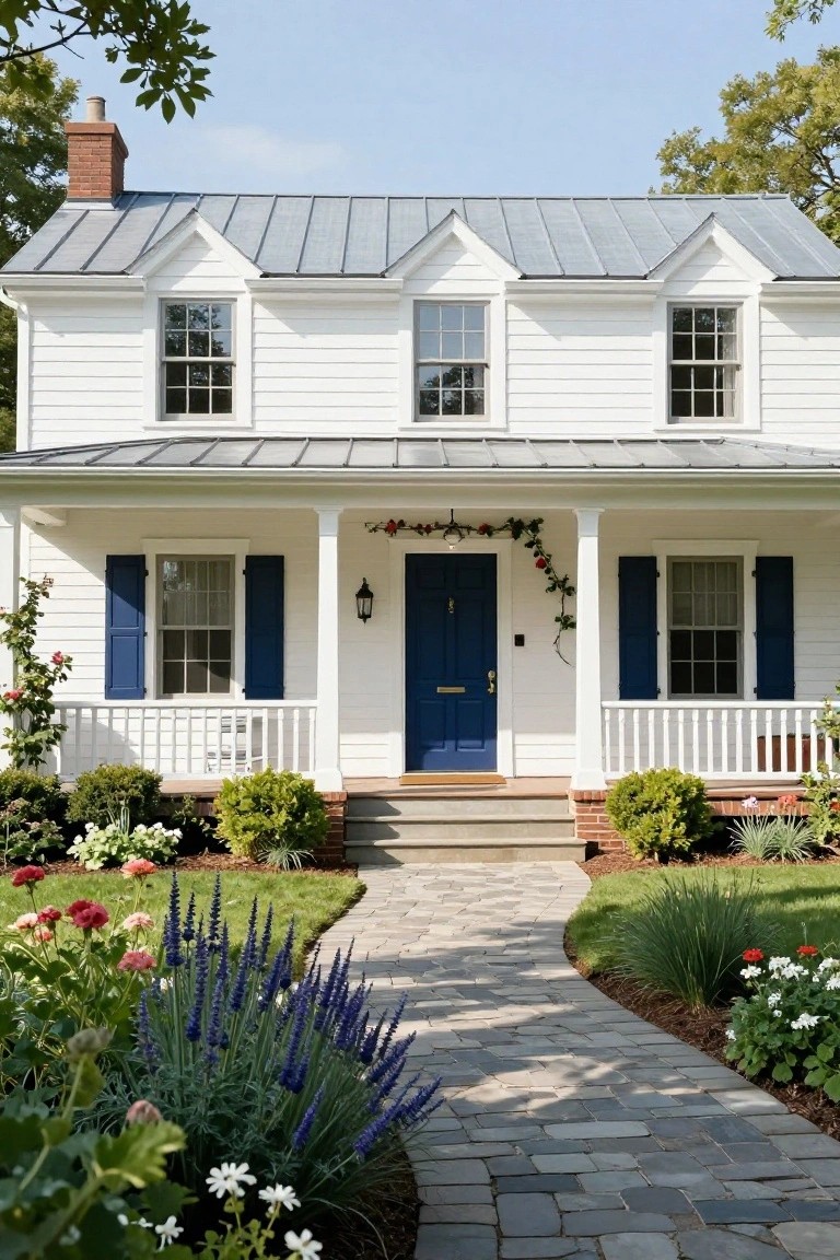 White clapboard cottage with gray metal roof, navy blue front door and shutters, wraparound porch with columns, brick steps, stone pathway, and flower beds with roses and lavender.