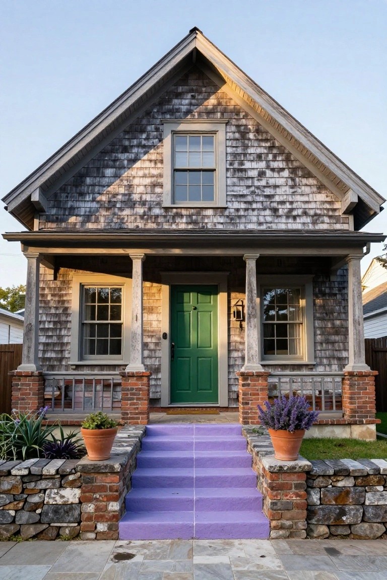 Gray shingle siding cottage with gabled roof, green front door, wooden porch columns, purple painted concrete steps flanked by brick pillars and stone walls, potted plants including agave and lavender.