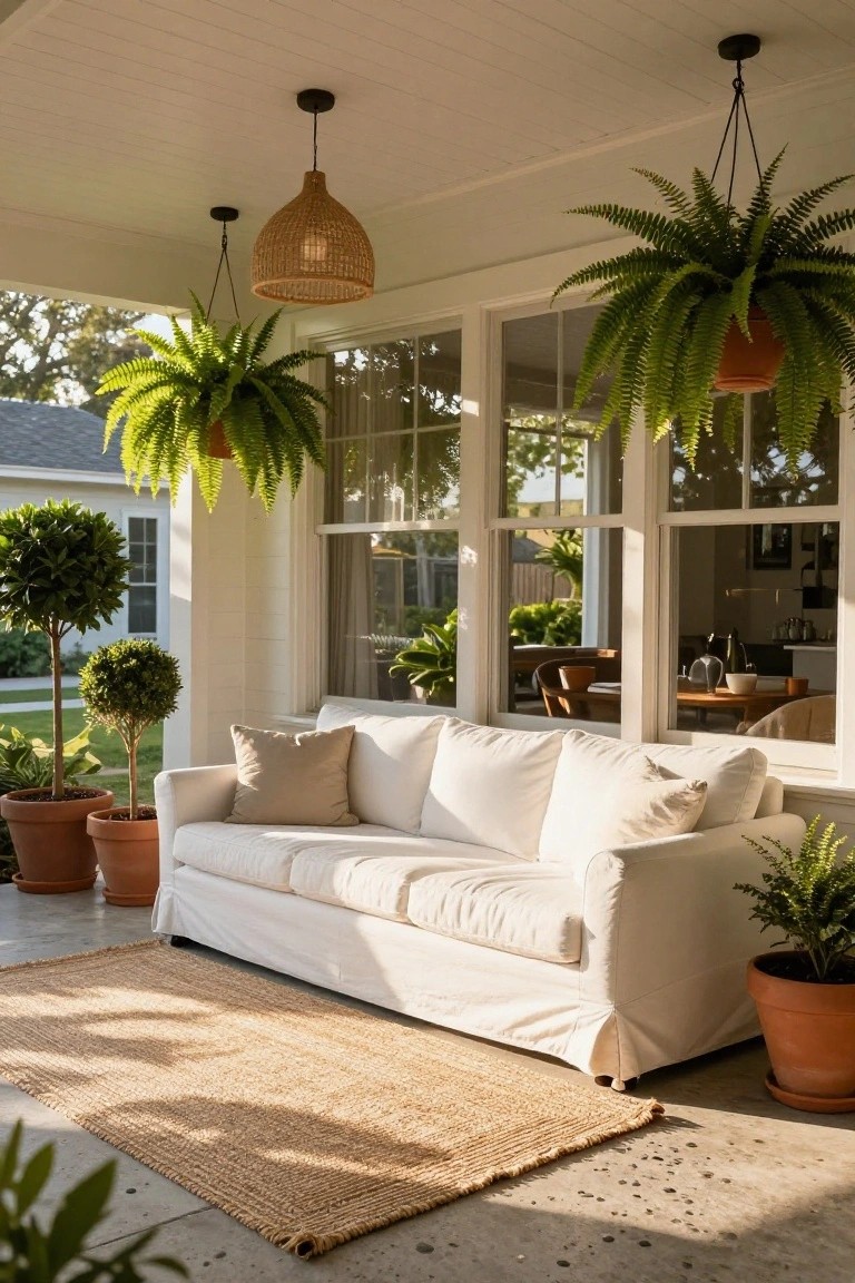 Covered porch with white slipcovered sofa on seagrass rug, surrounded by potted ferns, boxwood plants, and hanging rattan lights, viewed through large windows to white interior room.