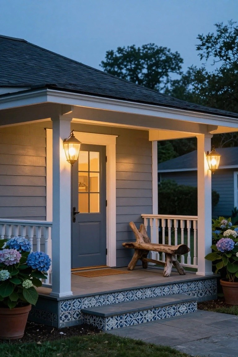 Gray shingled cottage exterior with white covered porch, blue front door with glass panels, lit lantern lights, gnarled wood bench on steps, potted blue hydrangeas, and blue-and-white tiled steps at twilight.